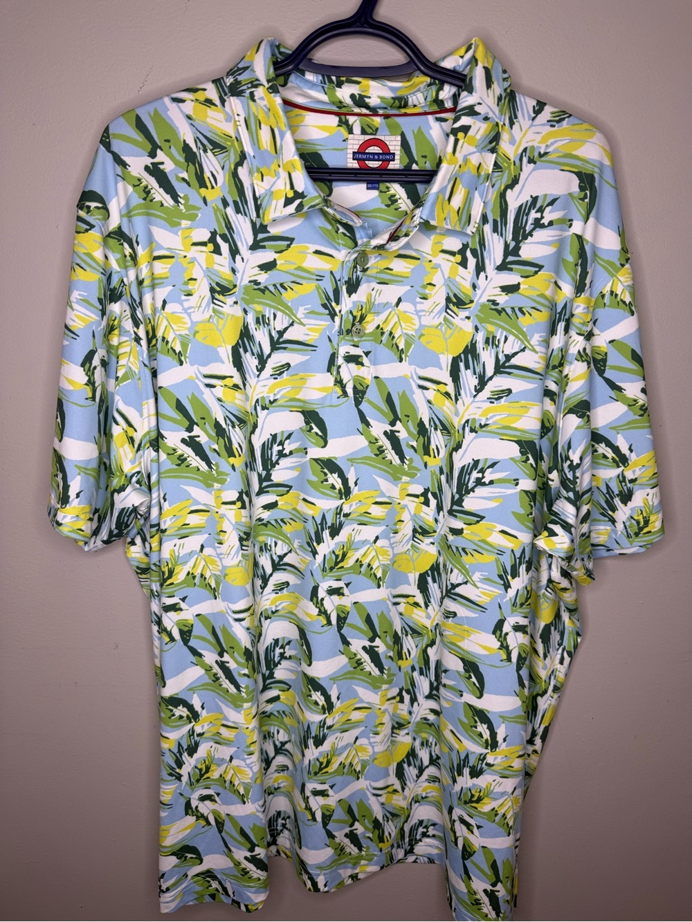 Jermyn & Bond Men's Short-Sleeve Tropical Leaf Polo - Green & Light Blue XXL